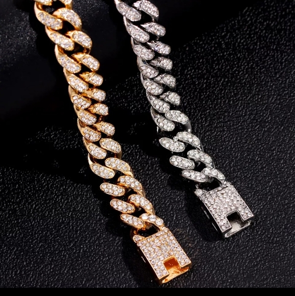 Gold plated Cuban link bracelet gold or silver Bling Unisex Chunky Rhinestone - Picture 5 of 6